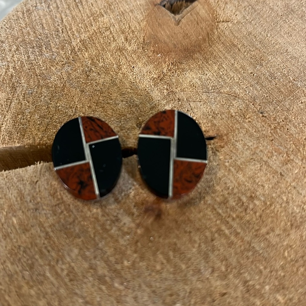 Vintage Mexican Sterling 925 Silver Onyx Bloodstone Inlay Oval Earrings